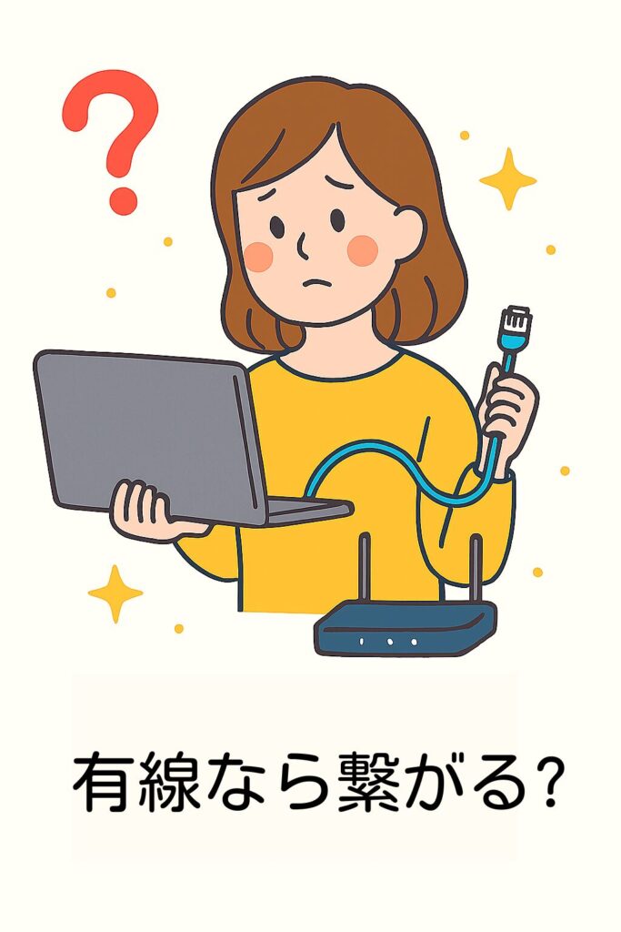 LANケーブルとパソコンを持った女性のイラスト