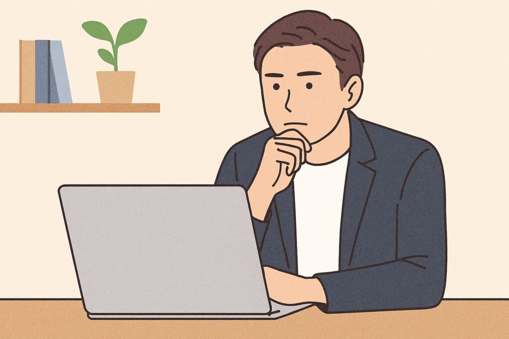 リモートワークで思案する男性のイラスト